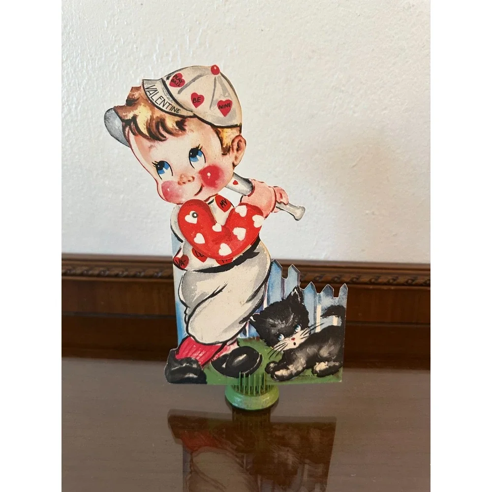 Vintage Valentine's Day Card 8'' Mechanical Baseball Player Ephemera Made in USA